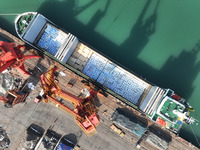 Cargo ships are unloading newly arrived chemical fertilizers at the port terminal in Lianyungang, East China's Jiangsu province, on February...