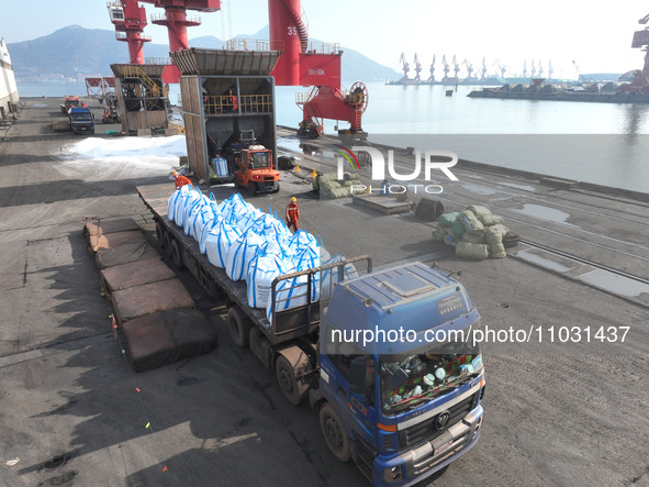 Dock workers are loading fertilizer that has been unloaded from a cargo ship at the port of Lianyungang, in Jiangsu Province, China, on Febr...