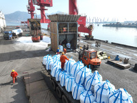 Dock workers are loading fertilizer that has been unloaded from a cargo ship at the port of Lianyungang, in Jiangsu Province, China, on Febr...