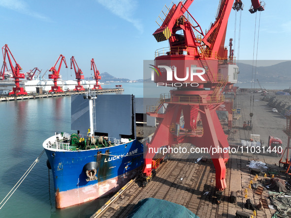 Cargo ships are unloading newly arrived chemical fertilizers at the port terminal in Lianyungang, East China's Jiangsu province, on February...