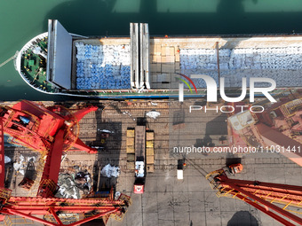 Cargo ships are unloading newly arrived chemical fertilizers at the port terminal in Lianyungang, East China's Jiangsu province, on February...