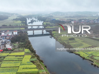 Fields of rapeseed flowers are blooming and mingling with villages, rivers, distant mountains, and roads in Yongzhou, Hunan Province, China,...