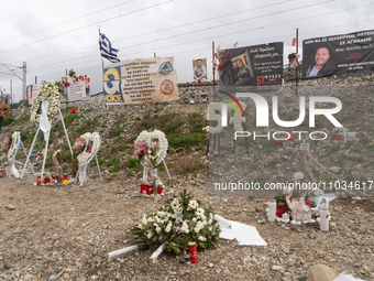 Flowers are forming the number 57, representing the number of individuals who died in the train crash, in Tempi Thessaly, Greece, on on Febr...