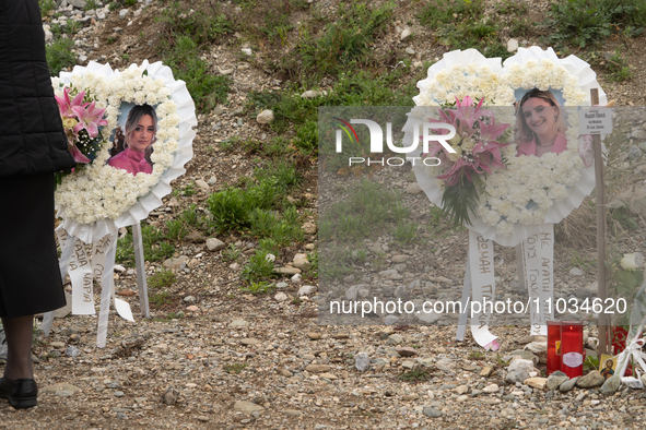 Wreaths of heart-shaped flowers are being laid for the twin sisters who were killed in the train crash, in Tempi Thessaly, Greece, on on Feb...