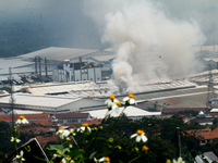 A fire is happening at the Kahatex Factory complex in Sumedang Regency, Indonesia, on February 29, 2024. Authorities are currently investiga...