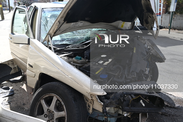 A Volvo is sustaining damage at the scene of a fatal accident on Van Duzer Street in Staten Island, New York, United States, on February 29,...