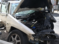 A Volvo is sustaining damage at the scene of a fatal accident on Van Duzer Street in Staten Island, New York, United States, on February 29,...