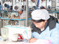 Workers at a toy export enterprise are producing plush toys for export in Lianyungang, China, on March 2, 2024. (