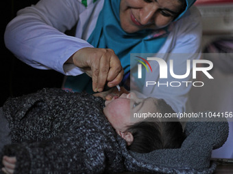 A health worker is administering polio vaccine drops to a child in Srinagar, Kashmir, India, on March 3, 2024. A three-day pulse polio vacci...