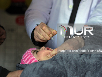 A health worker is administering polio vaccine drops to a child in Srinagar, Kashmir, India, on March 3, 2024. A three-day pulse polio vacci...