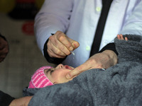 A health worker is administering polio vaccine drops to a child in Srinagar, Kashmir, India, on March 3, 2024. A three-day pulse polio vacci...