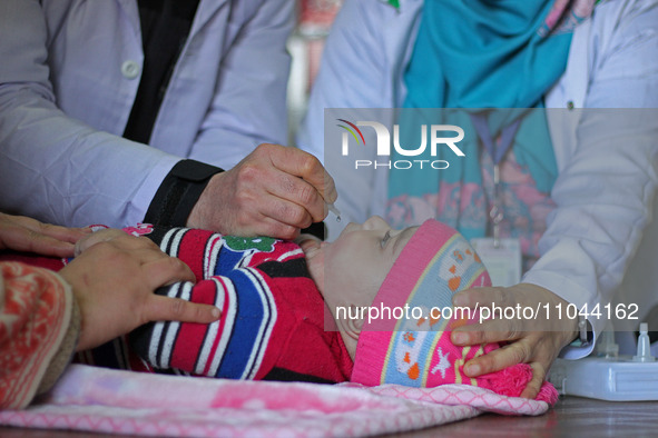 A health worker is administering polio vaccine drops to a child in Srinagar, Kashmir, India, on March 3, 2024. A three-day pulse polio vacci...