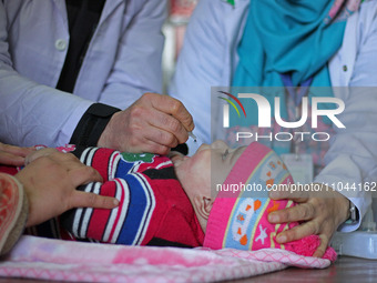 A health worker is administering polio vaccine drops to a child in Srinagar, Kashmir, India, on March 3, 2024. A three-day pulse polio vacci...