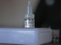 A vial of polio vaccine is being seen at a health center in Srinagar, Kashmir, India, on March 3, 2024. A three-day pulse polio vaccination...