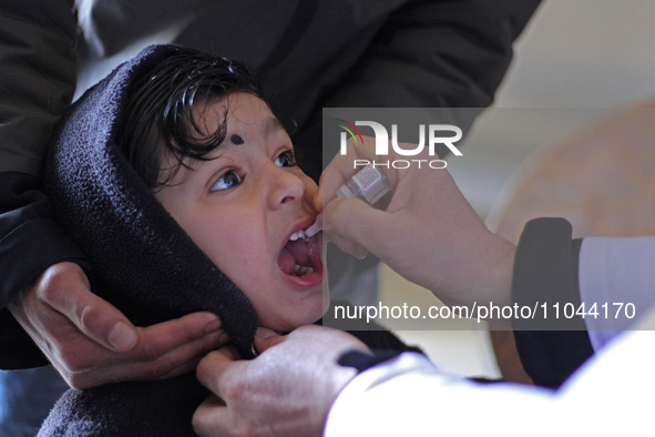 A health worker is administering polio vaccine drops to a child in Srinagar, Kashmir, India, on March 3, 2024. A three-day pulse polio vacci...