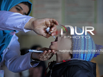 A health worker is administering polio vaccine drops to a child in Srinagar, Kashmir, India, on March 3, 2024. A three-day pulse polio vacci...