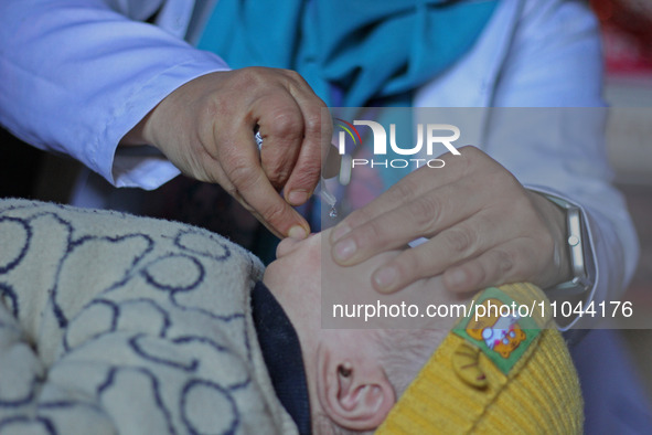 A health worker is administering polio vaccine drops to a child in Srinagar, Kashmir, India, on March 3, 2024. A three-day pulse polio vacci...