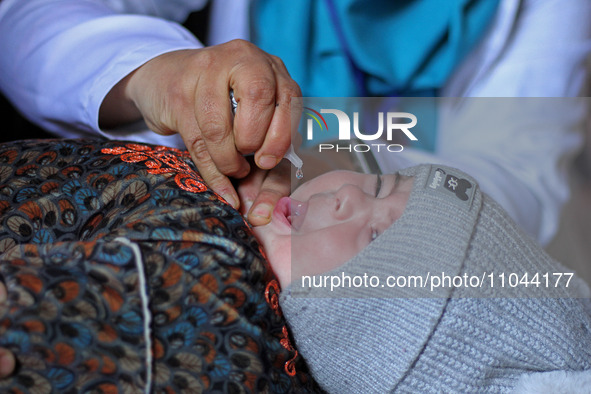 A health worker is administering polio vaccine drops to a child in Srinagar, Kashmir, India, on March 3, 2024. A three-day pulse polio vacci...