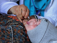 A health worker is administering polio vaccine drops to a child in Srinagar, Kashmir, India, on March 3, 2024. A three-day pulse polio vacci...