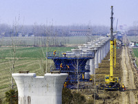 Workers are carrying out railway pier and column construction at the Fanji town section of the Nanjing-Huai'an Intercity Railway under const...