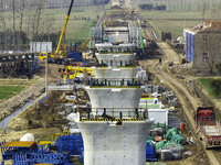 Workers are carrying out railway pier and column construction at the Fanji town section of the Nanjing-Huai'an Intercity Railway under const...