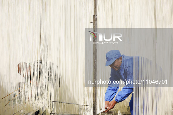 A worker is processing hollow hanging noodles at a workshop in Suqian, Jiangsu Province, China, on March 3, 2024. 