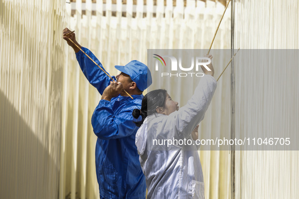 Two workers are processing hollow hanging noodles at a workshop in Suqian, Jiangsu Province, China, on March 3, 2024. 