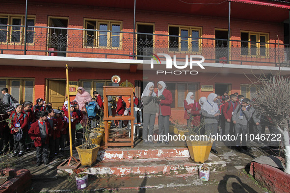 School children are attending morning prayers on the first day in Srinagar, Kashmir, on March 4, 2024. Schools across Kashmir are reopening...