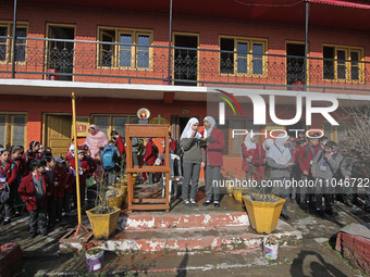 School children are attending morning prayers on the first day in Srinagar, Kashmir, on March 4, 2024. Schools across Kashmir are reopening...