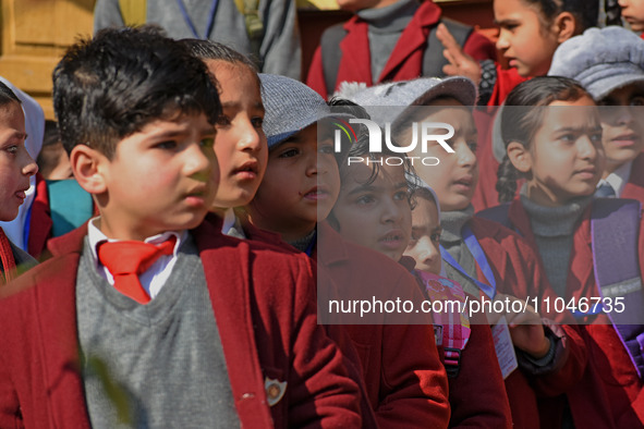 School children are attending morning prayers on the first day in Srinagar, Kashmir, on March 4, 2024. Schools across Kashmir are reopening...