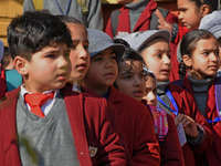 School children are attending morning prayers on the first day in Srinagar, Kashmir, on March 4, 2024. Schools across Kashmir are reopening...