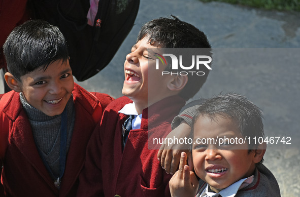 School children are arriving on the first day in Srinagar, Kashmir, on March 4, 2024. Schools across Kashmir are reopening after a three-mon...