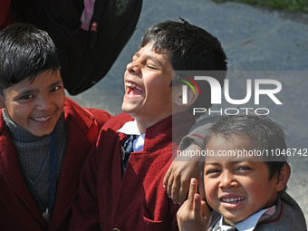 School children are arriving on the first day in Srinagar, Kashmir, on March 4, 2024. Schools across Kashmir are reopening after a three-mon...