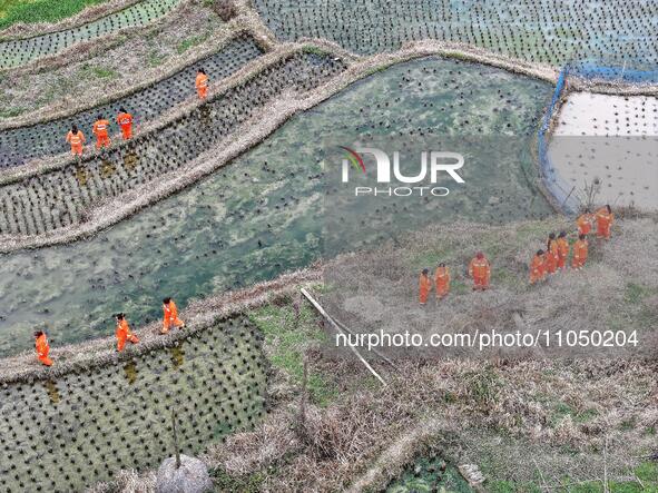 Female volunteer members are walking on the road for forest protection in Jinpin, China, on March 5, 2024. 