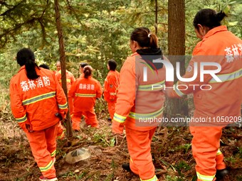 Female volunteer members are patrolling the forest in the mountains in Jinpin County, Guizhou, China, on March 5, 2024. (