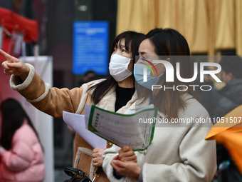 Job seekers are looking for suitable positions at a job fair for women in Fuyang, China, on March 6, 2024. (