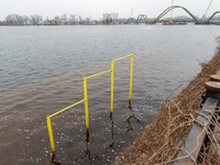 A horizontal bar is submerged in the area of Natalka Park in Kyiv, Ukraine, on March 6, 2024, due to increased water discharges from the Kyi...