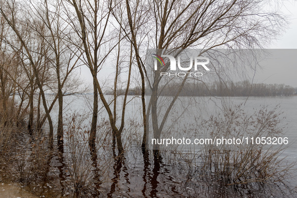 In Kyiv, Ukraine, on March 6, 2024, the area in Natalka Park is flooding due to increased water discharges from the Kyiv Reservoir, followin...