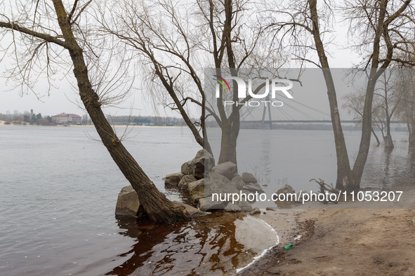 In Kyiv, Ukraine, on March 6, 2024, the area in Natalka Park is flooding due to increased water discharges from the Kyiv Reservoir, followin...