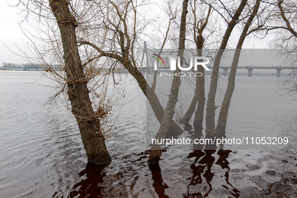 In Kyiv, Ukraine, on March 6, 2024, the area in Natalka Park is flooding due to increased water discharges from the Kyiv Reservoir, followin...