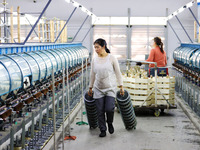 A female worker is working at a production workshop of a silk company in Chongqing, China, on March 8, 2024. (