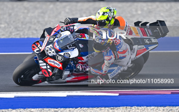 Portuguese MotoGP rider Miguel Oliveira from Trackhouse Racing is in action during the Free Practice 1 session of the Qatar Airways Motorcyc...