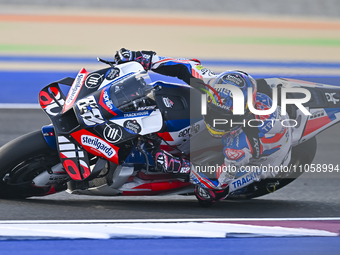 Portuguese MotoGP rider Miguel Oliveira from Trackhouse Racing is in action during the Free Practice 1 session of the Qatar Airways Motorcyc...