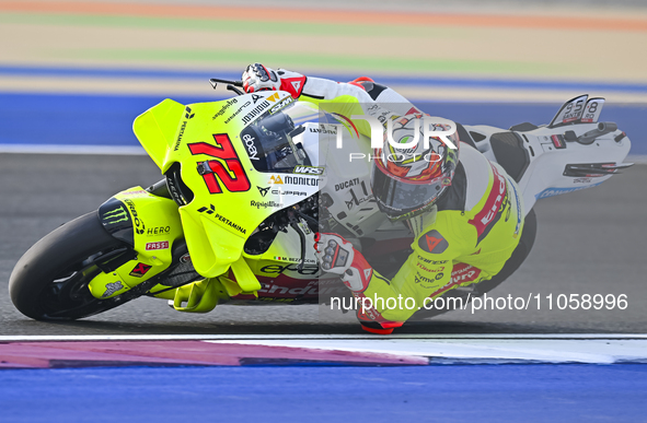 Italian MotoGP rider Marco Bezzecchi of the Pertamina Enduro VR46 Racing Team is in action during the Free Practice 1 session of the Qatar A...