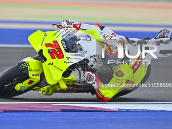 Italian MotoGP rider Marco Bezzecchi of the Pertamina Enduro VR46 Racing Team is in action during the Free Practice 1 session of the Qatar A...