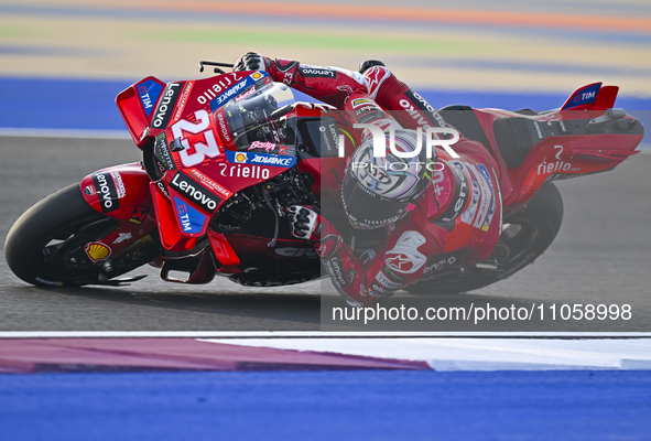 Italian MotoGP rider Enea Bastianini of the Ducati Lenovo Team is in action during the Free Practice 1 session of the Qatar Airways Motorcyc...