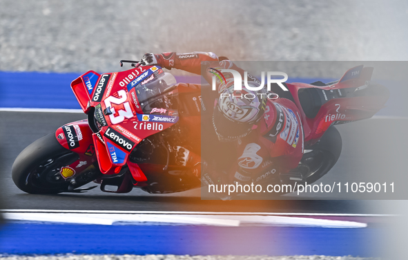 Italian MotoGP rider Enea Bastianini of the Ducati Lenovo Team is in action during the Free Practice 1 session of the Qatar Airways Motorcyc...