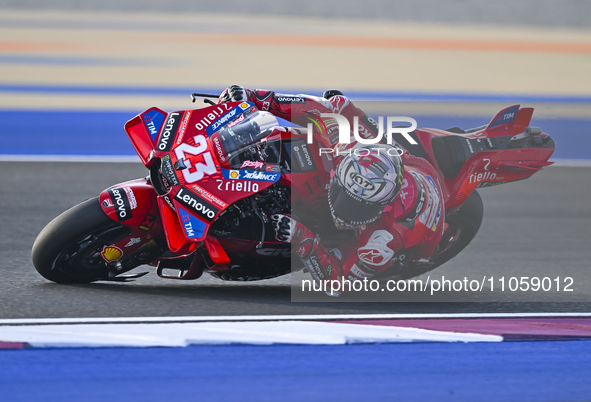 Italian MotoGP rider Enea Bastianini of the Ducati Lenovo Team is in action during the Free Practice 1 session of the Qatar Airways Motorcyc...