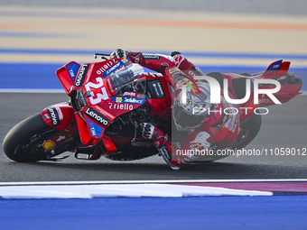 Italian MotoGP rider Enea Bastianini of the Ducati Lenovo Team is in action during the Free Practice 1 session of the Qatar Airways Motorcyc...