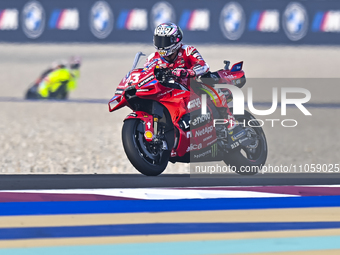 Italian MotoGP rider Enea Bastianini of the Ducati Lenovo Team is in action during the Free Practice 1 session of the Qatar Airways Motorcyc...